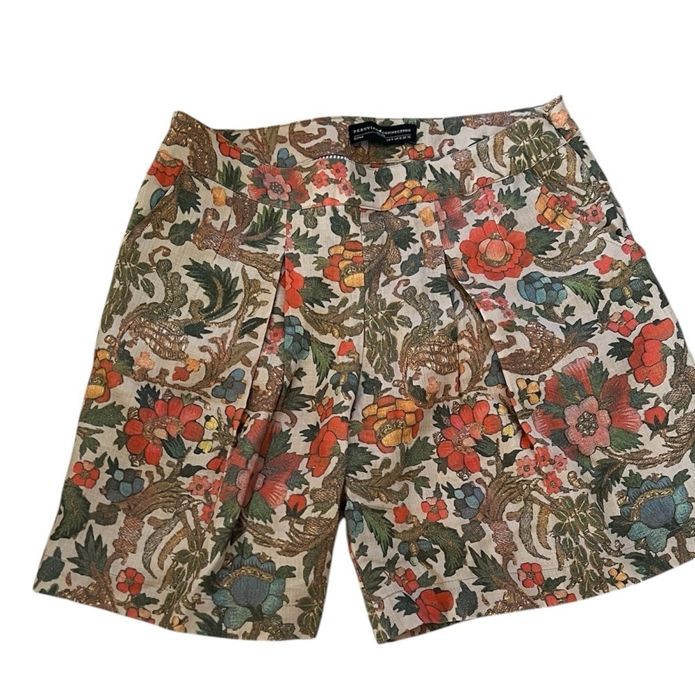 Peruvian Connection | pleat floral 100% linen shorts w/front/back pockets